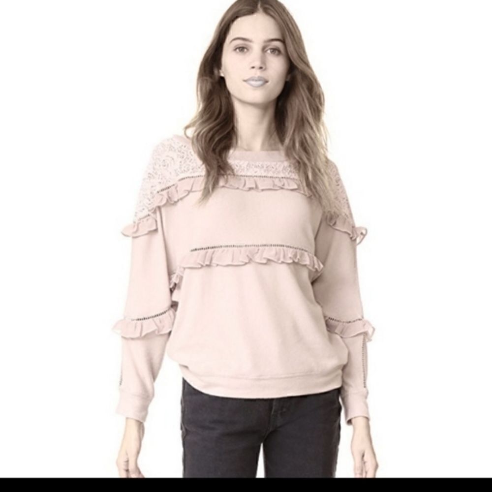 Anthropologie Love Sam Grey Beige Pullover Ruffle Lace Inset Sweatshirt Size S